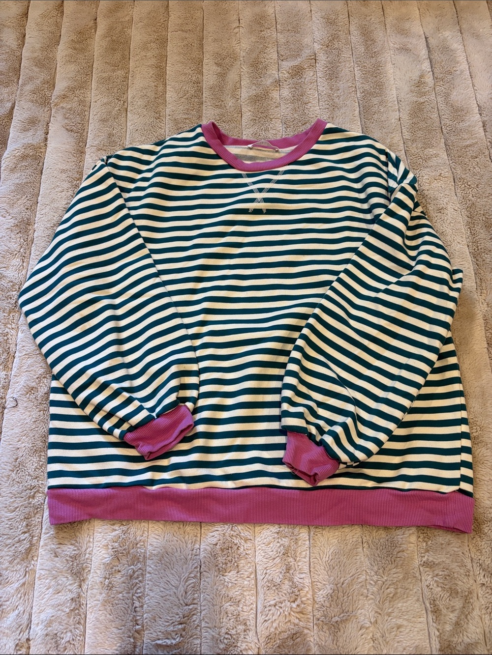 Striped Green & White Sweatshirt with Purple Trim